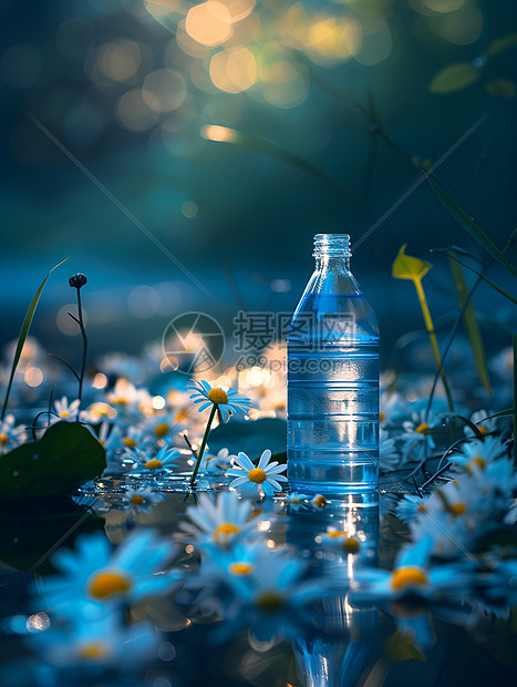 清静的水瓶和漂浮着的雏菊图片