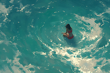 妙绘梦幻红比基尼女郎在海边冲浪图片