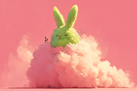 云朵上的绿色小兔子图片