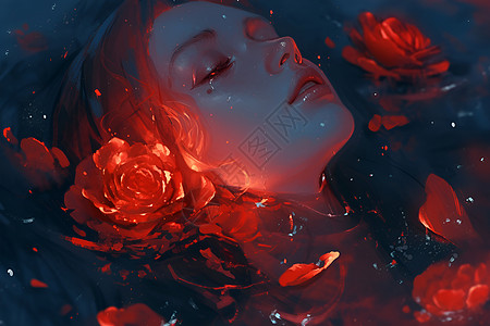 水中的女人和玫瑰图片