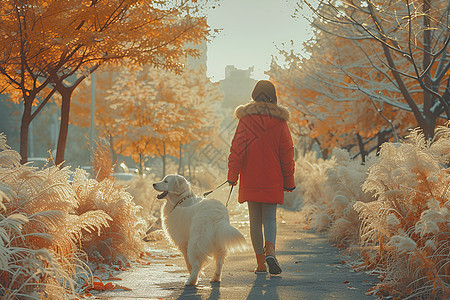 小路上散步的狗狗和女孩背景图片