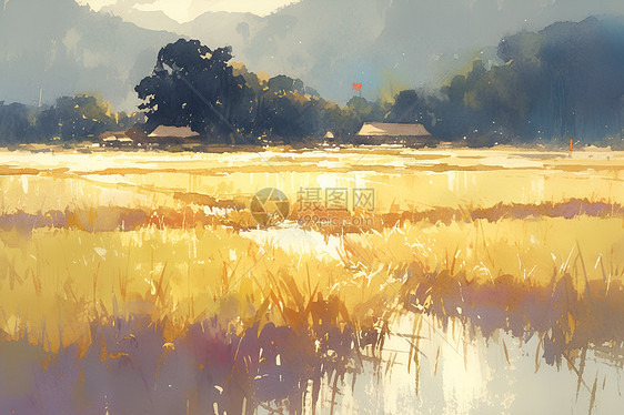 黎明下的金黄稻田图片
