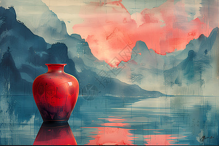 湖光山色的红瓶图片