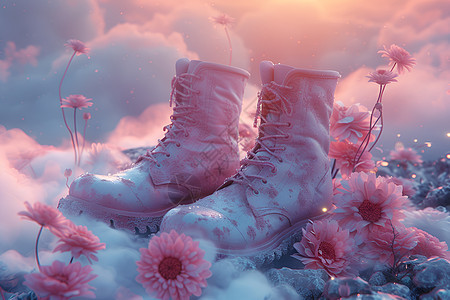 梦幻现实花云中的白靴背景图片