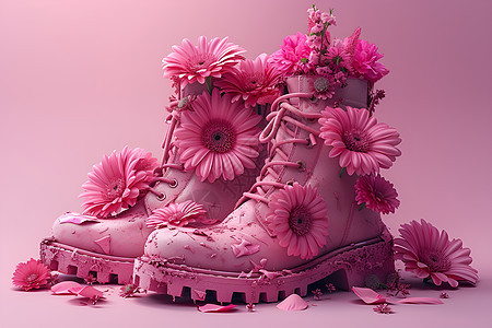 粉色的花海和靴子图片