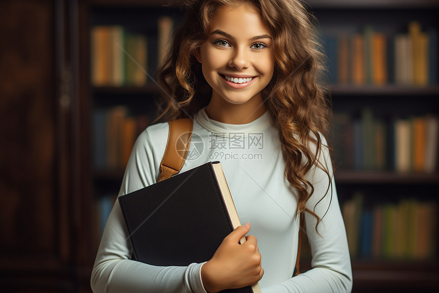 年轻女子在书架前图片