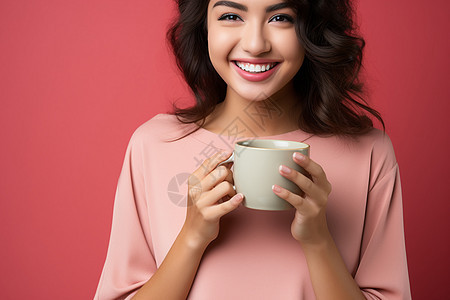 女子微笑拿着咖啡杯图片