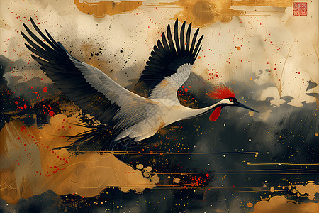 绘画的飞翔红冠鹤图片