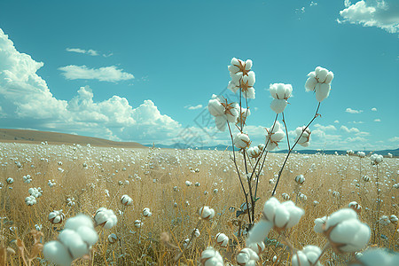 田野中盛开的棉花植物图片
