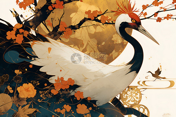 翩翩起舞的红冠鹤插画图片