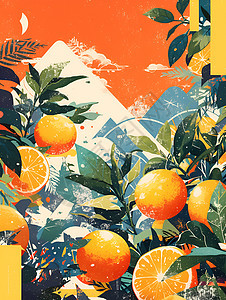 枝干上的橙子插画图片