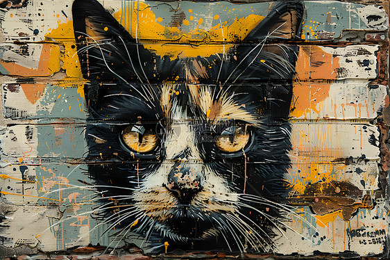 墙壁上涂鸦的猫咪图片