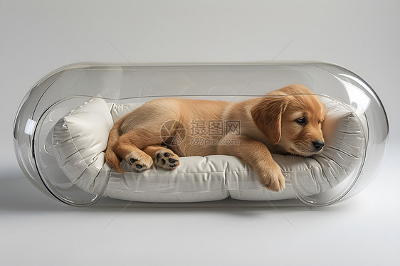 小狗睡在充气床上图片