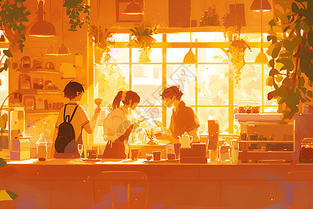 阳光下的动漫咖啡馆品茶者与植物相伴图片