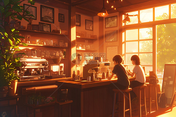 阳光下的动漫咖啡店图片