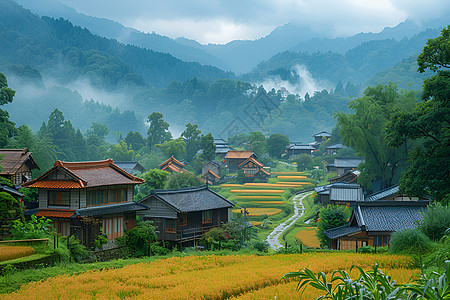 金黄稻田环绕山村背景图片