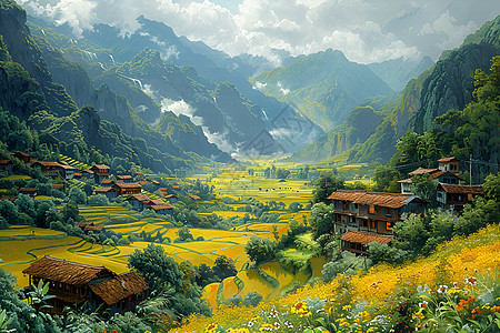 稻田环绕的村庄图片