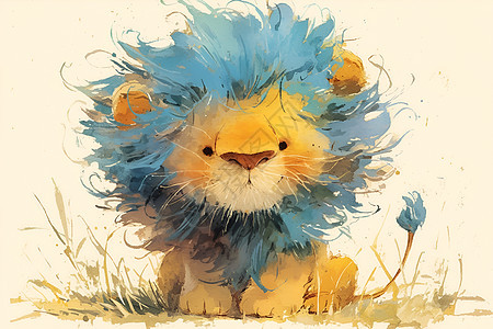 蓝发狮子坐在草地上图片