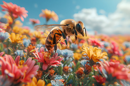 蜜蜂穿越花海高清图片
