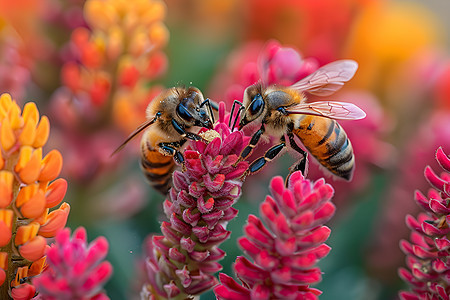 深红花朵中的蜜蜂图片