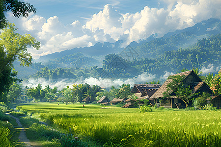 稻田环绕的村庄图片