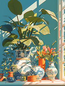 窗前花瓶里的植物图片