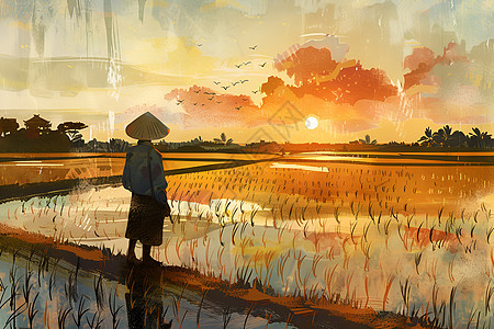 农民静静地凝视着稻田图片