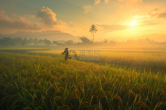 夕阳下的金色稻海图片