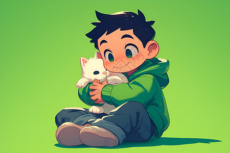 卡通男孩抱着小白猫图片
