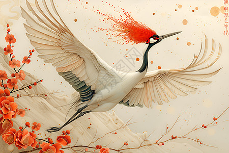白鹤在红花山前飞舞图片