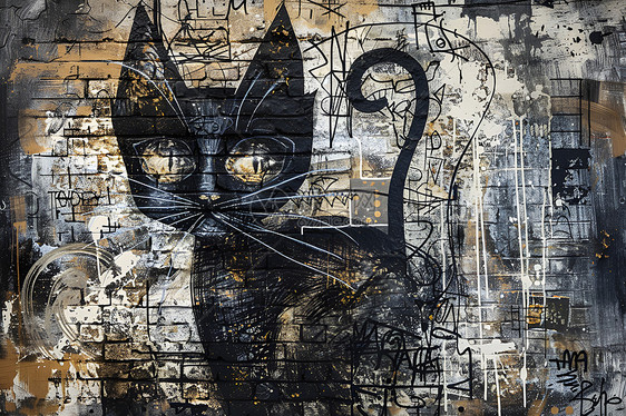 可爱猫咪在涂鸦墙上图片