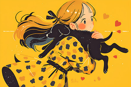 黄裙女孩与黑色小狗背景图片