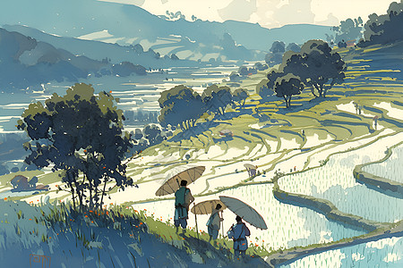 水墨画中的稻田图片