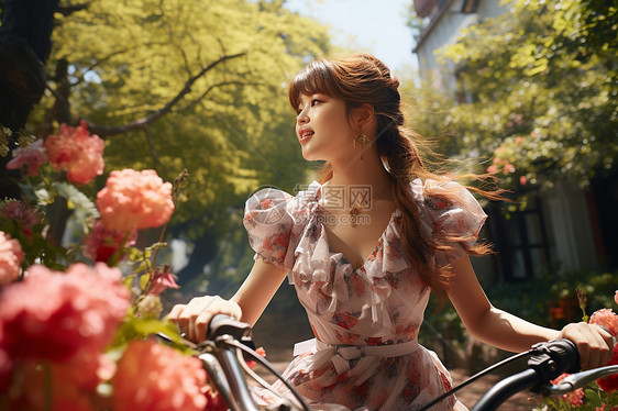 花园中骑着自行车的女人图片