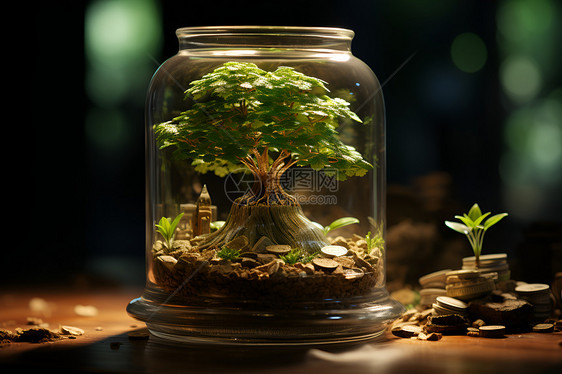 玻璃罐中的植物和硬币图片