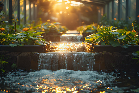 温室内的植物和水流图片