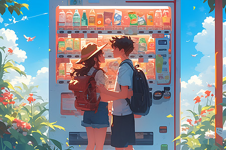 情侣站在自动售货机前图片