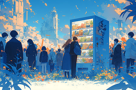 人群间的自动售货机背景图片