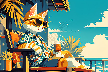 夏日海滩的猫背景图片