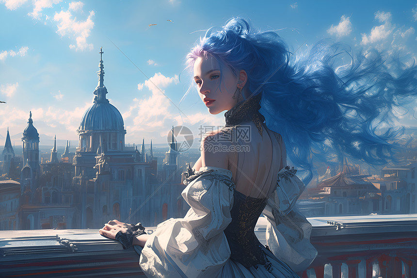 蓝发女子俯瞰城市风景图片