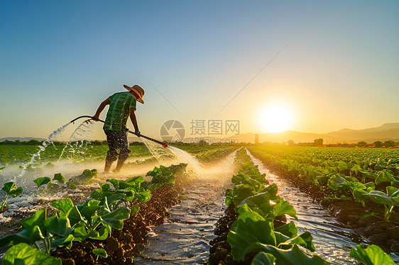 夕阳下农民浇灌庄稼图片