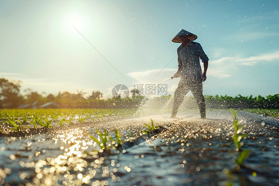 农夫在给作物浇水图片