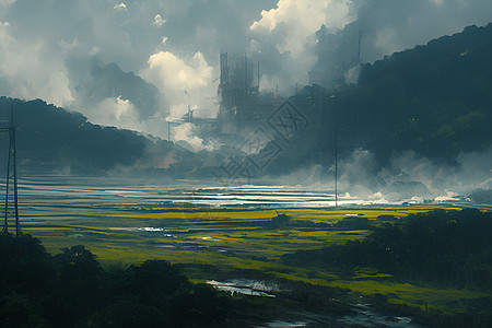迷雾中的田野背景图片