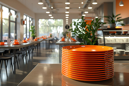 餐厅里摞满橙色餐盘图片