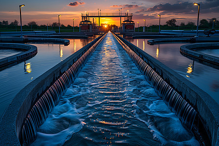 黄昏下的污水处理厂图片