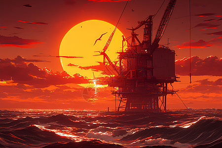 夕阳下的海上发电装置图片