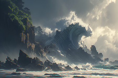 自然之力狂暴的巨浪撞击岩岸背景图片