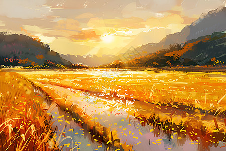 金色的阳光染红了广阔的稻田图片