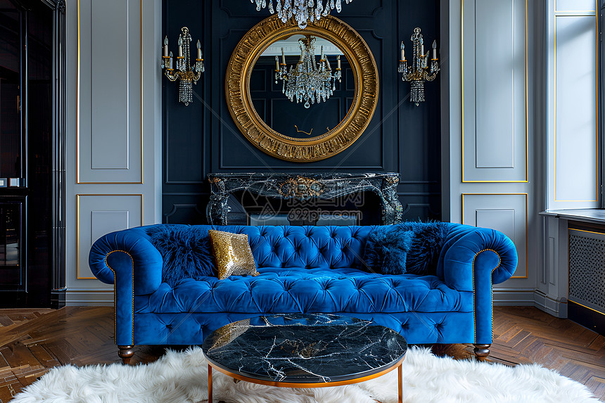 皇家蓝色天鹅绒沙发在奢华客厅里图片