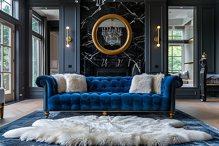 奢华蓝色沙发的传统客厅图片
